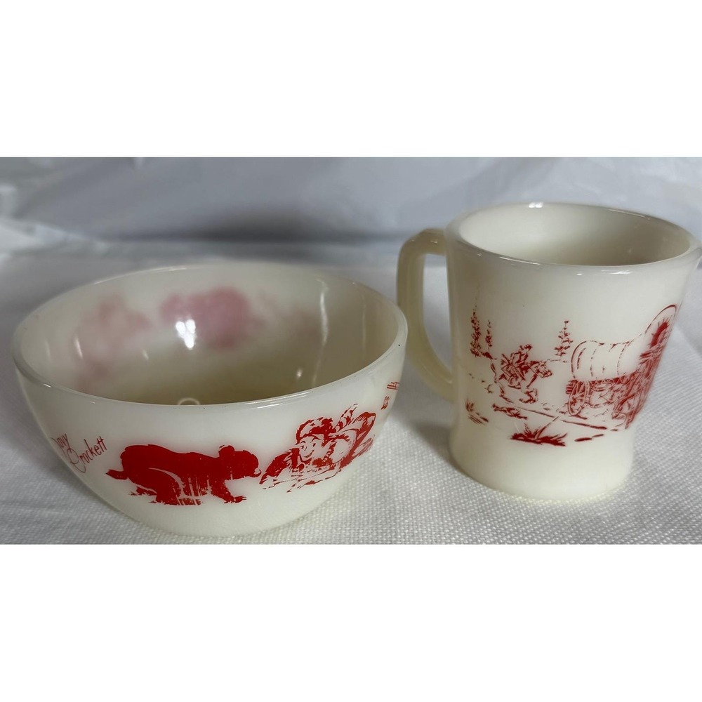 Vintage Fire-King Milk Glass Davy Crockett Bowl and Mug Set Red Graphics